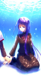 1girl air_bubble black_dress black_hair bow bubble dress ever_17 holding_hands kneeling komachi_tsugumi kuranari_takeshi layered_sleeves long_hair long_sleeves purple_bow ribbon ryoskpon short_over_long_sleeves short_sleeves smile solo_focus underwater very_long_hair