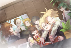 Rule 34 | 2girls, 6+boys, ^ ^, aiba ibuki, antenna hair, atou haruki, black hair, black jacket, blonde hair, blue sky, brown eyes, brown hair, brown shirt, brown sweater, cellphone, closed eyes, closed mouth, collared shirt, commentary request, day, dress, fur-trimmed jacket, fur trim, glasses, green hair, green jacket, green necktie, grey jacket, hand on own neck, hand up, highres, holding, holding phone, indoors, isoi reiji, jacket, kumazaki karen, kumazaki riku, kurachi terumi, light brown hair, long sleeves, male focus, medium hair, multiple boys, multiple girls, necktie, open clothes, open mouth, open shirt, otowa rui (saibou shinkyoku), parted bangs, phone, plant, ponytail, potted plant, purple eyes, purple shirt, rectangular eyewear, red dress, red eyes, red jacket, saibou shinkyoku, semi-rimless eyewear, shinano eiji, shirt, short hair, sky, sleeveless, sleeveless dress, smile, striped clothes, striped shirt, sweater, teeth, tsumi2112, turtleneck, turtleneck sweater, upper teeth only, uri (saibou shinkyoku), white shirt, yanagi nina, yellow eyes