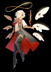 1boy angel angel_wings black_background black_coat black_eyes black_shorts blonde_hair boots coat commentary_request dagger extra_eyes full_body hair_over_one_eye halo high_heel_boots high_heels highres knife long_hair looking_at_viewer male_focus momomo_906 multiple_wings neck_ribbon original red_ribbon ribbon seraph shirt short_sleeves shorts simple_background sleeveless sleeveless_coat solo tan thigh_boots weapon white_shirt white_wings wing_eyes wings
