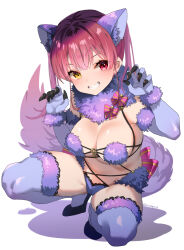1girl animal_ears ariko_youichi bikini black_footwear blush breasts claw_pose claws cosplay elbow_gloves fake_animal_ears fate/grand_order fate_(series) fur-trimmed_bikini fur_collar fur_gloves fur_thighhighs fur_trim gloves groin_tendon halloween heterochromia hololive houshou_marine lace lace_panties mash_kyrielight mash_kyrielight_(dangerous_beast) mash_kyrielight_(dangerous_beast)_(cosplay) medium_breasts panties purple_ears purple_tail purple_thighhighs red_eyes red_hair smile solo squatting swimsuit tail thighhighs twintails underwear virtual_youtuber yellow_eyes