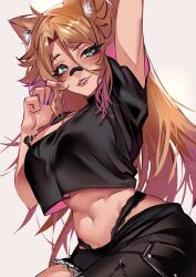 1girl absurdres animal_ears arm_behind_head bandaid bandaid_on_face bandaid_on_nose black_bandaid black_pants black_shirt blonde_hair blue_eyes breasts cat_ears cat_girl cleavage crop_top freckles hair_between_eyes highleg highleg_panties highres indie_virtual_youtuber lace lace-trimmed_panties lace_trim long_hair looking_at_viewer multicolored_hair nail_polish obkatiekat panties pants pink_hair shirt short_sleeves solo streaked_hair suliavtuber torn_clothes torn_pants underwear virtual_youtuber wrist_tattoo