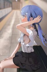 1girl black_skirt blush breasts film_grain from_side hair_ornament hand_on_own_thigh hand_up hayakawa_sena_(pei_iriya) highres long_hair no_bra original pei_iriya petite purple_eyes purple_hair shirt sideboob sitting skirt solo subway_station twintails