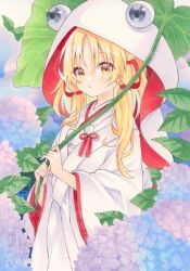 1girl alternate_costume blonde_hair blue_flower blush commentary flower flower_request hair_ribbon hashtag-only_commentary highres holding holding_leaf hood hood_up japanese_clothes kimono leaf long_sleeves looking_at_viewer moriya_suwako open_mouth purple_flower red_ribbon ribbon shiromuku solo touhou uchikake watermark white_kimono wide_sleeves yellow_eyes yuiki_(cube)