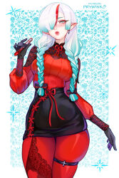 Rule 34 | 1girl, alternate costume, alternate hair color, alternate hairstyle, artist name, black skirt, blush, bodysuit, braid, breasts, commentary, english commentary, hatsune miku, highres, large breasts, lips, long hair, looking at viewer, pencil skirt, prywinko, red bodysuit, skindentation, skirt, twin braids, twintails, vocaloid