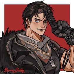 1boy arm_out_of_sleeve artist_name belial_(regressor_instruction_manual) berrysally black_gloves black_hair black_jacket black_shirt border burn_scar gloves grey_neckerchief grin hand_up highres j_(reverse:1999) jacket looking_at_viewer male_focus muscular muscular_male neckerchief one_eye_closed outside_border red_background regressor_instruction_manual reverse:1999 salute scar scar_on_face shirt short_hair short_sleeves smile solo two-finger_salute upper_body white_border