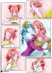 2girls aeos aeos_(dragon_ball) alternate_costume alternate_hairstyle blue_hair blue_skin braid braided_ponytail breasts breasts_squeezed_together chronoa cleavage colored_skin dragon_ball dragon_ball_heroes flatpancakesjim highres holding_hands large_breasts lifting_person long_hair multiple_girls multiple_views orange_hair pink_skin pointy_ears pressing_breast_on_partner super_dragon_ball_heroes supreme_kai_of_time sweater thick_thighs thighs