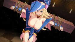 Rule 34 | 1girl, alternate breast size, armor, armpit crease, bare shoulders, blonde hair, blue hat, blush, blush stickers, breasts, chain, choker, collarbone, crucifixion, dark magician girl, duel monster, eyes visible through hair, gem, glint, green eyes, hair between eyes, hat, huge breasts, jewelry, light particles, long hair, looking at viewer, low neckline, neck ring, open mouth, parted lips, phrygian helmet, red gemstone, restrained, showgirl skirt, simple background, solo, teeth, vambraces, wizard hat, yasume yukito