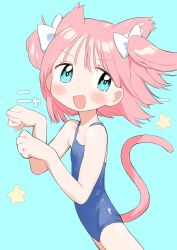 1girl :3 animal_ears blue_eyes blue_one-piece_swimsuit fang flat_chest highres loli one-piece_swimsuit open_mouth original paw_pose pink_hair school_swimsuit solo swimsuit tail yabasoba