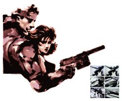 1boy 1girl absurdres bandana brown_theme closed_mouth flipped_hair from_side gun h&amp;k_mark_23 handgun highres holding holding_gun holding_weapon laser_sight limited_palette meryl_silverburgh metal_gear_(robot) metal_gear_(series) metal_gear_solid nose official_art promotional_art retro_artstyle scan scar shinkawa_youji simple_background solid_snake suppressor weapon white_background