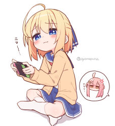Rule 34 | 2girls, :3, ahoge, anger vein, artist name, blonde hair, blue eyes, blue sailor collar, blue shirt, blue skirt, blush, brown cardigan, brown eyes, cardigan, closed mouth, commentary, english commentary, handheld game console, highres, holding, holding handheld game console, ii (ayanepuna), indian style, jitome, long sleeves, looking at viewer, miniskirt, multiple girls, nintendo switch, no shoes, open cardigan, open clothes, original, pink hair, playing games, pleated skirt, sailor collar, school uniform, serafuku, shaded face, shirt, short hair, signature, simple background, sitting, skirt, socks, speech bubble, spoken character, twitter username, white background, white socks, yuki (ayanepuna), yuune (ayanepuna)