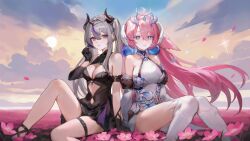 2girls absurdres bare_shoulders black_dress black_gloves black_horns blue_eyes borrowed_character bright_pupils center_opening clothing_cutout cloud cloudy_sky detached_sleeves dress eri11rie field flower flower_field gloves grey_hair hair_ornament head_wings highres horns kneehighs long_hair multicolored_hair multiple_girls original pink_flower pink_hair purple_eyes purple_hair sky sleeveless sleeveless_dress socks streaked_hair sun symbol-shaped_pupils thigh_strap thighs twintails two-tone_hair white_dress white_pupils white_sleeves white_socks white_wings wings x-shaped_pupils