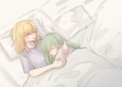 2girls absurdres bang_dream! bang_dream!_it&#039;s_mygo!!!!! blonde_hair closed_eyes closed_mouth commentary cuddling green_hair hand_on_another&#039;s_shoulder highres kaeru_(kaeee41917105) long_hair medium_hair misumi_uika multiple_girls parted_lips pillow shirt short_sleeves sleeping under_covers wakaba_mutsumi white_shirt yuri