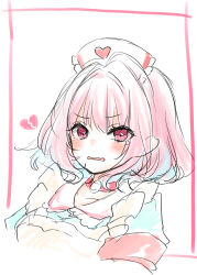 Rule 34 | 1girl, apron, blue dress, blue hair, blush, broken heart, collarbone, collared dress, cropped torso, dress, frilled apron, frills, hair between eyes, hat, heart, highres, idolmaster, idolmaster cinderella girls, idolmaster cinderella girls starlight stage, looking at viewer, multicolored hair, nurse cap, parted lips, pink hair, puffy short sleeves, puffy sleeves, red eyes, rino cnc, short sleeves, solo, two-tone hair, upper body, wavy mouth, white apron, white background, white hat, yumemi riamu