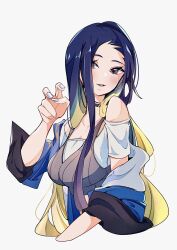 1girl bare_shoulders black_choker blue_hair breasts brown_eyes choker cocoa_s3 collarbone crop_top gradient_hair grey_nails grey_shirt highres jacket loose_hair_strand midriff multicolored_hair nintendo off-shoulder_shirt off_shoulder open_clothes open_jacket perrin_(pokemon) pokemon pokemon_sv ribbed_shirt shirt undershirt white_nails