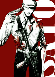 1boy ajin_(sakurai_gamon) assault_rifle blood blood_on_face broken_arm bullet_hole grin gun gun_to_head handgun highkun holding holding_gun holding_weapon imminent_suicide injury mutilation old old_man red_background rifle romaji_text satou_(ajin) self-harm smile suicide torn_clothes weapon