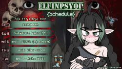 1girl ahoge artist_name bandaid_on_chest blush bug character_name elfinpsyop english_text eyebrows_over_hair floating_eyebrows fly gun handgun holding holding_gun holding_weapon horns indie_virtual_youtuber insect johndouxx mechanical_horns pointy_ears revolver schedule skull solo usb_symbol virtual_youtuber weapon