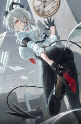 1girl adjusting_footwear armband ass black_armband black_gloves black_horns black_pants black_shoes black_tail breasts clock closed_mouth commentary curled_horns demon_tail english_commentary from_behind gloves grey_hair hand_on_wall high_heels highres horns large_breasts long_hair multicolored_hair necktie no_jacket office pants paper red_eyes red_necktie roha shirt shirt_tucked_in shoes solo streaked_hair tail wall_clock white_shirt wuthering_waves zani_(wuthering_waves)