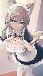 Rule 34 | 1girl, animal ear fluff, animal ears, apron, aruma (goma), black dress, black ribbon, breasts, brown hair, cleavage, closed mouth, commentary request, commission, crossed bangs, dress, fox ears, fox girl, fox tail, frilled sleeves, frills, green eyes, hair between eyes, hair ornament, hair ribbon, hairclip, heart, heart hands, highres, large breasts, long hair, looking at viewer, maid, maid headdress, momoyama momo, neck ribbon, original, pantyhose, puffy short sleeves, puffy sleeves, ribbon, short sleeves, skeb commission, smile, solo, tail, white apron, white pantyhose, white wrist cuffs, wrist cuffs