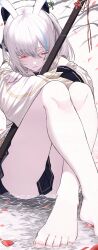 1girl absurdres animal_ears bare_legs barefoot black_bow black_skirt blue_hair blue_streaks bow closed_mouth colored_eyelashes crossed_legs ear_ornament falling_petals feet gold_trim hair_bow highres holding holding_sheath holding_sword holding_weapon legs len_(maplestory) looking_down maplestory miniskirt multicolored_hair petals pleated_skirt rabbit_ears rabbit_girl red_eyes robe scabbard se_tu_(55559229) shallow_water sheath skirt solo swept_bangs sword toenails toes tree water weapon white_eyelashes white_hair white_robe