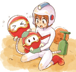 &gt;_&lt; 1girl air_pump bodysuit brown_eyes brown_hair company_connection cosplay dig_dug full_body hagiwara_yukiho helmet holding hori_taizou hori_taizou_(cosplay) idolmaster idolmaster_(classic) namco on_ground open_mouth pooka_(dig_dug) red_shoes shoes short_hair sitting tsubobot white_background white_bodysuit white_helmet