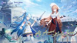 Rule 34 | 2girls, absurdres, azur lane, black gloves, black pantyhose, blonde hair, blue eyes, blue hair, blue sky, bow, cloud, commentary, drill hair, english commentary, fingerless gloves, gloves, hair bow, hair over one eye, highres, maille-breze (azur lane), military vehicle, multicolored hair, multiple girls, neckerchief, official art, outdoors, pantyhose, pink eyes, promotional art, richelieu (azur lane), sailor collar, ship, ship turret, sky, streaked hair, thighhighs, warship, watercraft, white bow, white hair, white sailor collar, white streaks, white thighhighs, yellow neckerchief