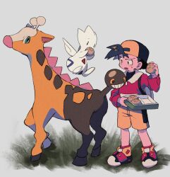 1boy backwards_hat baseball_cap black_hair black_headwear black_shirt box commentary_request eating ethan_(pokemon) food gen_2_pokemon girafarig green_eyes hat highres holding holding_box holding_food jacket long_sleeves male_focus nintendo ok_ko19 open_mouth pokemon pokemon_(creature) pokemon_gsc red_footwear shirt shoes short_hair shorts standing sweatdrop togetic yellow_shorts