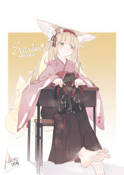 1girl absurdres alicorn_du_jiao animal_ear_fluff animal_ears arknights barefoot blonde_hair border brown_skirt character_name chinese_commentary closed_mouth commentary_request copyright_name cum cum_in_footwear feet green_eyes hairband highres holding holding_sandals japanese_clothes kimono light_blush loli long_hair long_skirt long_sleeves multiple_tails official_alternate_costume outline outside_border pink_kimono pleated_skirt red_hairband ribbon-trimmed_sleeves ribbon_trim sandals skirt smell soles solo suzuran_(arknights) suzuran_(yukibare)_(arknights) sweat tail tassel toes unworn_sandals variant_set white_border white_outline wide_sleeves yagasuri yellow_background yellow_tail