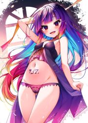 1girl arm_up armpits babydoll bare_shoulders blue_hair blush breasts clammy_zell frilled_panties frills fusen_haru highres long_hair looking_at_viewer multicolored_hair navel no_game_no_life open_mouth panties purple_hair purple_panties red_eyes red_hair small_breasts smile solo stomach_tattoo tattoo underwear