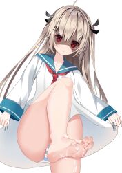1girl absurdres ahoge anger_vein angry arms_at_sides ascot atri atri-my_dear_moments- bare_legs barefoot black_ribbon blue_sailor_collar blush chinese_commentary collarbone commentary convenient_leg dress eyelashes feet foot_focus foot_up foreshortening from_below hair_between_eyes hair_ribbon highres light_brown_hair listjoy long_hair long_sleeves looking_at_viewer looking_down open_mouth panties red_ascot red_eyes ribbon sailor_collar sailor_dress shaded_face simple_background skirt_hold soles solo standing standing_on_one_leg straight_hair striped_clothes striped_panties suggestive_fluid thighs toenails toes tsurime two_side_up underwear very_long_hair white_background white_dress wide_sleeves