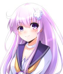 1girl blush collar collarbone commentary d-pad d-pad_hair_ornament doria_(p_f_dolia) dress female_focus hair_between_eyes hair_ornament long_hair looking_at_viewer neckerchief nepgear neptune_(series) purple_eyes purple_hair sailor_collar sailor_dress sidelocks simple_background smug solo upper_body white_background white_dress yellow_neckerchief