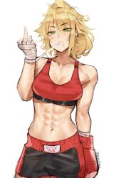 Rule 34 | 1girl, abs, absurdres, artist name, bare shoulders, blonde hair, boxing gloves, boxing shorts, collarbone, crop top, deccatezu, fate/grand order, fate (series), green eyes, hand wraps, highres, long hair, middle finger, midriff, mordred (fate), muscular, muscular female, navel, ponytail, shorts