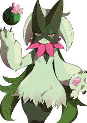 1other claws closed_mouth commentary_request furry green_fur hand_up highres looking_at_viewer meowscarada nintendo pokemon pokemon_(creature) red_eyes simple_background solo white_background yunekoko