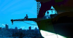 1boy arm_on_knee arm_support blue_sky building cable cityscape cloud construction construction_site crane_(machine) highres hook leg_up machinery original pants shirt short_hair sitting sky steel_beam very_short_hair very_wide_shot zero_(jckz2334)