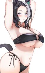 1girl animal_ears armpits blush breasts cleavage closed_mouth collarbone commentary_request enumiyaa hair_between_eyes hair_ornament highres horse_ears horse_girl large_breasts mejiro_ramonu_(umamusume) mole mole_under_eye navel presenting_armpit purple_eyes smile swimsuit umamusume white_background
