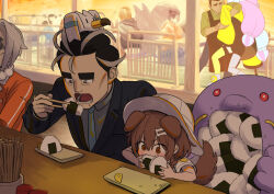 animal_ears armlock black_hair brown_eyes brown_hair chopsticks clavell_(pokemon) diner dog_ears dog_tail eating food food_on_face formal_clothes full_mouth gen_3_pokemon grey_eyes grey_hair hat highres hololive inugami_korone iono_(pokemon) kodoku_no_gourmet larry_(pokemon) necktie nintendo on_head onigiri pokemon pokemon_(creature) pokemon_on_head pokemon_sv rice rice_on_face sabaku_chitai suit swalot tail virtual_youtuber wingull