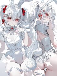 Rule 34 | 1girl, akadajohnson02, animal ear hairband, animal ears, ass, back cutout, bare legs, blush, bow, breasts, cleavage, clothing cutout, commentary request, cowboy shot, criss-cross back-straps, cross, cross earrings, double-parted bangs, ear piercing, earrings, eyepatch, fake animal ears, fake tail, flat chest, floating hair, frilled leotard, frills, from behind, hair between eyes, hair ornament, hairband, hairclip, hand on own chest, heart, heart hair ornament, heart o-ring, highleg, highleg leotard, highres, jewelry, leotard, light blush, long hair, looking at viewer, medical eyepatch, multiple views, o-ring, o-ring thigh strap, original, piercing, pink nails, rabbit ear hairband, rabbit ears, rabbit tail, red eyes, ribbon earrings, short sleeves, sidelocks, sitting, smile, tail, thigh gap, thigh strap, twintails, very long hair, watermark, white bow, white hair, white leotard, white theme, white wrist cuffs, wrist cuffs