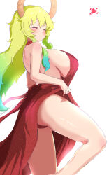 Rule 34 | 1girl, ass, blonde hair, blush, breasts, closed eyes, closed mouth, clothes lift, dragon girl, dragon horns, dress, dress lift, from side, gradient hair, green hair, highres, horns, huge breasts, kobayashi-san chi no maidragon, lifting own clothes, long hair, lucoa (maidragon), multicolored hair, panties, red dress, red panties, reiwa rerere, sagging breasts, shadow, sideboob, signature, simple background, smile, solo, standing, standing on one leg, underwear, very long hair, white background