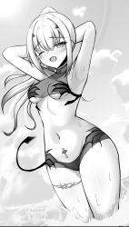 Rule 34 | 1girl, absurdres, arms behind head, belly, bikini, black bikini, breasts, cropped jacket, faerie knights (fate), fate/grand order, fate (series), forked eyebrows, headwear with attached mittens, high ponytail, highres, jewelry, long hair, looking at viewer, melusine (fate), melusine (swimsuit ruler) (fate), melusine (swimsuit ruler) (first ascension) (fate), mikisarara, navel, one eye closed, ponytail, pubic tattoo, servant summer festival! 2023, sidelocks, small breasts, smile, solo, stomach tattoo, swimsuit, tail, tattoo, thighlet, thighs, underboob, white hair
