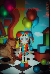 1girl asymmetrical_gloves balloon black_hair blue_eyes blue_gloves blue_sky blunt_bangs blush_stickers checkered_floor cloud_print colored_skin dim_lighting expressionless gloves hat hat_bell highres holding holding_balloon jester jester_cap jester_costume liminal_space looking_at_viewer mismatched_gloves multicolored_eyes multicolored_hat no_nose pom_pom_(clothes) pomni_(the_amazing_digital_circus) puffy_short_sleeves puffy_sleeves red_eyes red_gloves rocking_horse short_hair short_sleeves sky sky_print solo striped_clothes striped_headwear the_amazing_digital_circus toboggan toothpaste_dd toy_block two-tone_eyes vertical-striped_bodysuit vertical-striped_clothes vertical-striped_headwear white_skin
