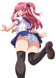 1girl :d ahoge ass black_thighhighs blue_eyes blue_panties blue_sailor_collar blue_skirt breasts dd_(ijigendd) hair_intakes highres large_breasts loafers long_hair looking_at_viewer looking_back open_mouth original panties pink_hair pleated_skirt sailor_collar school_uniform shoes short_sleeves sidelocks simple_background skirt smile solo standing standing_on_one_leg striped_clothes striped_panties thighhighs thighs two_side_up underwear white_background