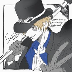 Rule 34 | 1boy, ascot, blonde hair, blue shirt, character name, commentary request, gloves, goggles, goggles on headwear, hat, highres, holding, looking at viewer, male focus, one piece, rokurnshu003, sabo (one piece), scar, scar on face, shirt, short hair, simple background, smile, solo, upper body, v