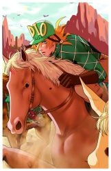 Rule 34 | 1boy, absurdres, argyle clothes, argyle sweater, blonde hair, blue eyes, canyon, diego brando, gloves, green shirt, hat, helmet, highres, horse, jojo no kimyou na bouken, male focus, shirt, solo, sweater, tariah furlow