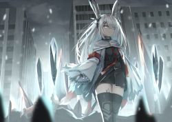 1girl animal_ears arknights armband black_coat black_gloves black_thighhighs breasts building city cloak closed_mouth coat commentary cowboy_shot english_commentary expressionless eyes_visible_through_hair female_focus frostnova_(arknights) gloves grey_eyes grey_sky hair_ornament hair_over_one_eye hairclip headpiece highres ice jacket long_hair looking_at_viewer material_growth medium_breasts mirufuaa open_clothes open_jacket originium_arts_(arknights) oripathy_lesion_(arknights) outdoors parted_bangs rabbit_ears red_ribbon ribbon silver_hair sky solo thighhighs thighs unzipped white_cloak white_jacket