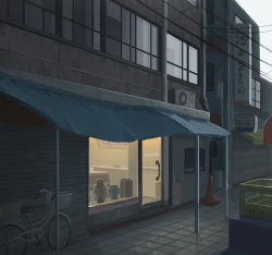 air_conditioner bicycle building commentary_request door garage glass_door highres industrial_pipe no_humans okayuu original outdoors power_lines scenery shop tile_floor tiles traffic_cone