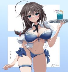 Rule 34 | 1girl, absurdres, bikini, black ribbon, blue bikini, blue eyes, braid, breasts, cleavage, collared shirt, cowboy shot, dress shirt, drink, front-tie bikini top, front-tie top, glass, hair flaps, hair over shoulder, highres, kantai collection, large breasts, long hair, looking at viewer, navel, neck ribbon, official alternate costume, ribbon, shigure (kancolle), shigure kai san (kancolle), shigure kai san (swimsuit) (kancolle), shirt, side-tie bikini bottom, single braid, solo, swimsuit, thigh strap, toms, tray, white shirt