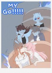 3d_glasses 5girls animal_ears bang_dream! bang_dream!_it&#039;s_mygo!!!!! black_shirt blue_jacket brown_hair cat_ears chihaya_anon closed_eyes commentary_request copyright_name disneyland dress earrings fake_animal_ears food grey_dress grey_hair highres hiseu24 jacket jewelry kaname_raana kiss korean_commentary long_hair long_sleeves multiple_girls mygo!!!!!_(bang_dream!) nagasaki_soyo necklace open_clothes open_shirt pinafore_dress pink_hair popcorn rabbit_ears shiina_taki shirt short_hair short_sleeves sleeveless sleeveless_dress splash_mountain sweatdrop takamatsu_tomori white_hair white_shirt yuri