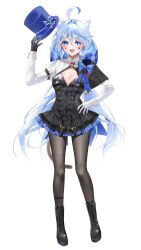 1girl absurdres ahoge alternate_costume animal_ear_fluff animal_ears asymmetrical_gloves black_dress black_footwear black_gloves black_pantyhose blue_eyes blue_hair blue_headwear boots breasts cat_ears cat_tail cleavage cosplay cross-laced_footwear dress drop-shaped_pupils emduck facial_tattoo full_body furina_(genshin_impact) genshin_impact gloves hair_between_eyes hand_on_own_hip hat highres holding holding_unworn_clothes holding_unworn_hat long_hair long_sleeves lynette_(genshin_impact) lynette_(genshin_impact)_(cosplay) mismatched_gloves mismatched_pupils multicolored_hair open_mouth pantyhose sidelocks simple_background small_breasts smile star_tattoo symbol-shaped_pupils tail tattoo top_hat unworn_hat unworn_headwear white_background white_gloves white_hair