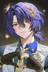 1boy black_gloves brown_background closed_mouth collared_shirt commentary dr._ratio_(honkai:_star_rail) fingerless_gloves gloves hair_between_eyes hashtag-only_commentary heart heart_hands highres honkai:_star_rail honkai_(series) jacket leaf leaf_on_head looking_at_viewer male_focus necktie nyamnyam_(ny_am_030) portrait purple_hair red_eyes shirt short_hair single_fingerless_glove solo watermark white_jacket white_shirt yellow_necktie