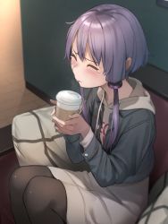 1girl black_pantyhose blush cropped_jacket cup cup_holder cushion denim denim_jacket disposable_coffee_cup disposable_cup feet_out_of_frame from_above hair_tubes highres holding holding_cup hood hoodie indoors jacket kuz pantyhose purple_hair short_hair_with_long_locks sidelocks sitting solo steam tears tongue tongue_out vocaloid voiceroid white_hoodie wooden_floor yuzuki_yukari