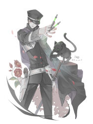 1boy black_cat black_hair cat cloak devil_summoner:_raidou_kuzunoha_vs_the_soulless_army devil_summoner_(series) expressionless flower gouto gun hat highres katana kuzunoha_raidou looking_at_viewer male_focus petals red_flower ryokuyuu sword weapon